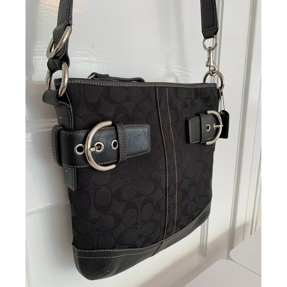 Vintage Coach Black Monogram Canvas Soho Duffle Shoulder Bag Silver Buckles - Picture 5 of 16